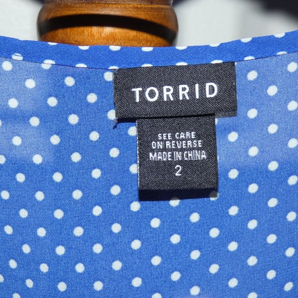 Torrid blue & white polka dot pullover top Semi Sheer - Picture 2 of 4